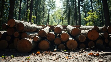 A pile of freshly cut logs sits in a forest, a reminder of the cycle of life and the importance of sustainable forestry practices