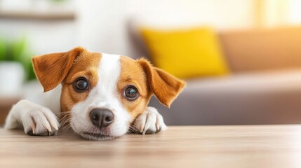 A playful dog rests its head on a table, looking curiously at the viewer, with a cozy living room in the background.