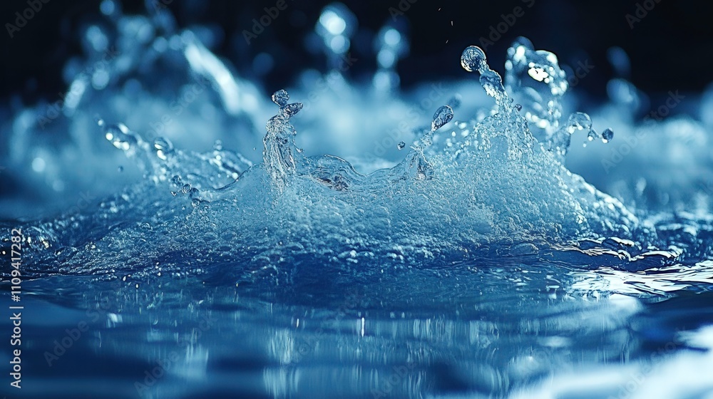 Poster close-up of water splashing in a dark environment, capturing the dynamics of fluid motion and reflec