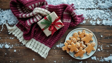 Fototapeta premium A Christmas gift wrapped in brown paper and tied with a red ribbon, a red and white knitted scarf, and gingerbread men on a white plate, all placed on a wooden table with scattered snow.