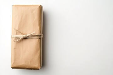 Wrapped gift in brown paper, tied with twine, on white background