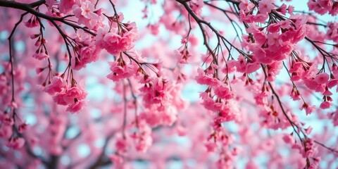Obraz premium Delicate pink blossoms gracefully cascade from a branch, creating a breathtaking display of springtime beauty.