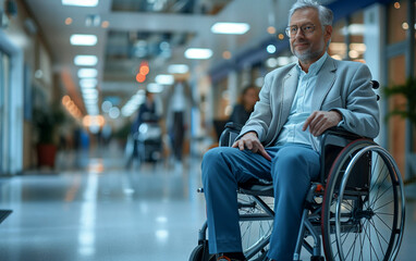 Fototapeta premium Man in wheelchair inside building. Generative AI