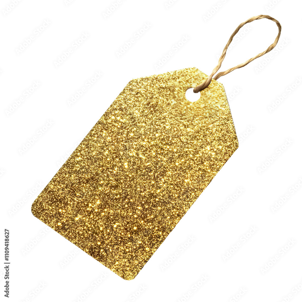 Poster golden gift tag with textured surface and twisted string, isolated on transparent cutout background