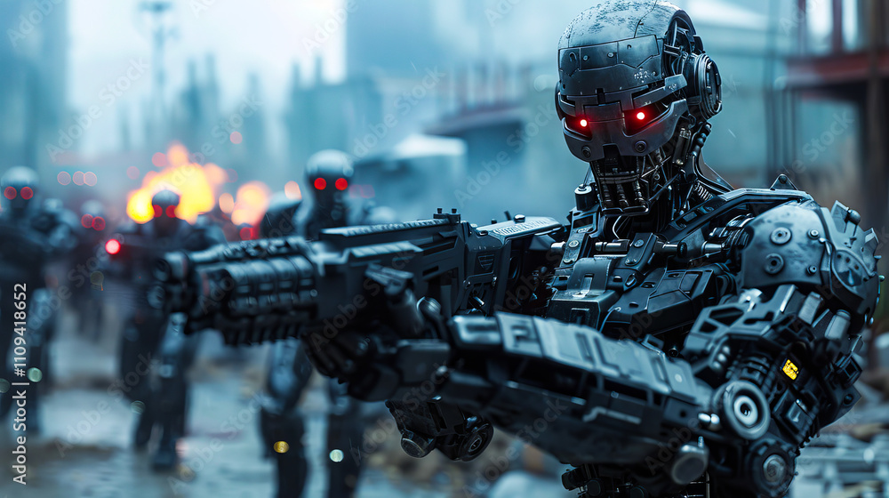 Poster advanced humanoid robots with metallic frames in an industrial urban setting demonstrating future ai