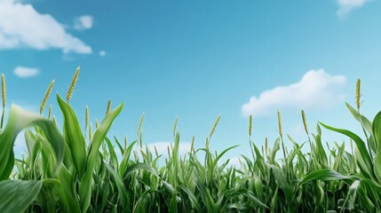 Obraz premium Serene Cornfield Under a Blue Sky - Lush green corn stalks reach towards a vibrant blue sky dotted with fluffy white clouds. Symbolizing growth, nature, abundance, serenity, and summer.