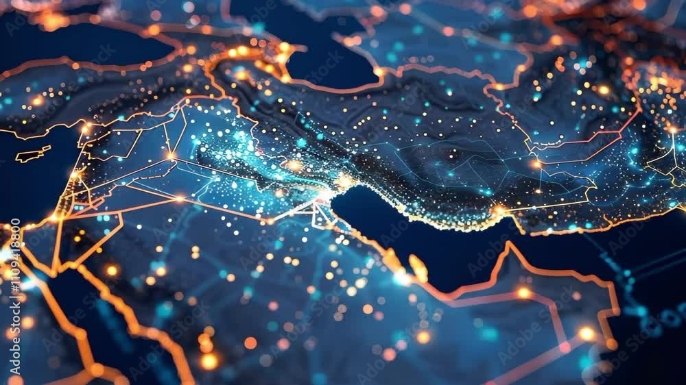 Poster a digital map of the middle east, highlighting cities and infrastructure with glowing lines and poin