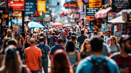 Fototapeta premium Diverse crowd walking down street at beef summer festival
