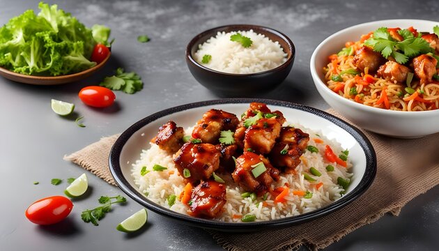 chicken shashlik or chicken manchurian with salad fried rice served in a dish isolated on grey background side view of indian, pakistani food
