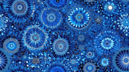 Seamless pattern featuring intricate indigo Moroccan and Iranian tiles ideal for winter themed backgrounds and festive decor