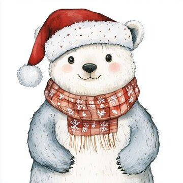 recommend clip art: watercolor cute adorable ice bear wearing a Christmas hat and shawl, animal costume clipart, isolated on white. Wild animal with christmas hat, Design element for Christmas greeting card, christmas pu
