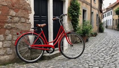 Red bicycle resting on a cobblestone street lined with charming buildings in a quaint town during a sunny afternoon. Generative AI