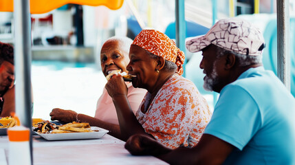 Group of seniors enjoying a meal together at an outdoor eatery by the poolside during a sunny day