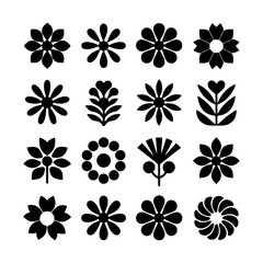 Groovy Daisy Flowers Set. Flat Black Icons. Simple Flower Silhouette. Retro Vintage Style