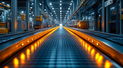 Fototapeta premium lluminated industrial conveyor belt in a modern factory. Represents automation, manufacturing, and technological innovation