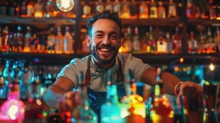 Barman pouring a cocktail from a shaker into a glass with a focused expression, ice cubes splashing, neon lights reflecting off the bar, patrons enjoying the night