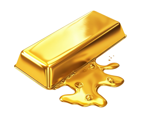 Melting gold bar with dripping liquid, isolated on transparent cutout background