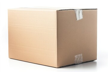 Brown cardboard box sealed with tape on white