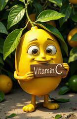 A cheerful anthropomorphic lemon with green leaves holding a vitamin C poster.