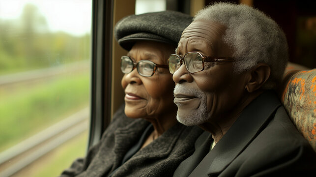 Senior couple enjoying a scenic train journey through the countryside on a sunny day