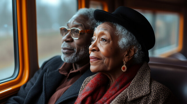 Elderly couple enjoys a scenic train ride while gazing out the window on a cloudy day - Powered by Adobe