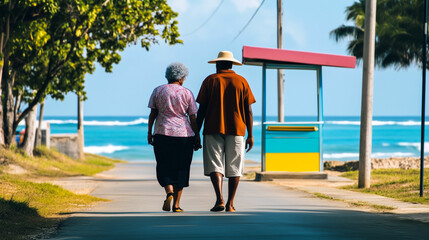 Elderly couple walks hand in hand along a scenic seaside path on a sunny day