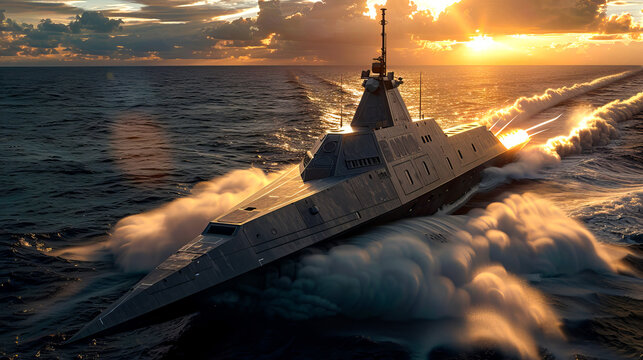 Modern warship sailing in the ocean at sunset equipped with advanced defense technology and sleek futuristic design