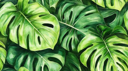Fototapeta premium Seamless pattern featuring vibrant tropical green monstera leaves in watercolor style ideal for fabric and wallpaper designs
