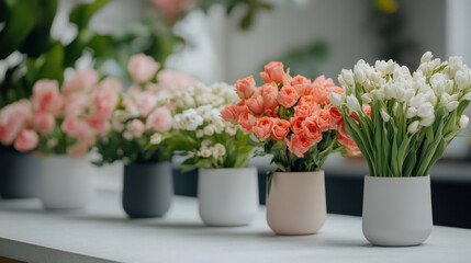 Fototapeta premium Fresh flowers in colorful vases create vibrant atmosphere