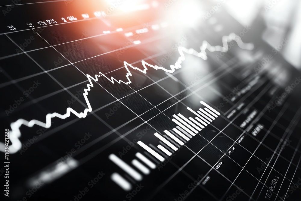 Poster close-up view of a stock market chart with dynamic graphs displaying rising and falling trends, repr