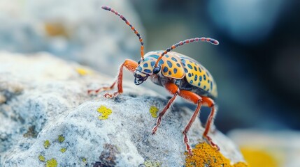 Naklejka premium Vibrant Beetle on Rock - Close-up of a colorful beetle on a rock, showcasing nature, insects, vibrant colors, detail, and wildlife.