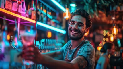Barman pouring a cocktail from a shaker into a glass with a focused expression, ice cubes splashing, neon lights reflecting off the bar, patrons enjoying the night