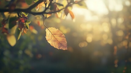 A close-up of a single autumn leaf hanging from a branch, illuminated by soft sunlight.
