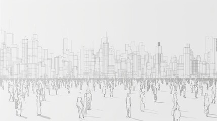 A conceptual image of a city skyline featuring abstract human silhouettes in a vast open space, illustrating urbanization, population density, and modern life. AI generated.