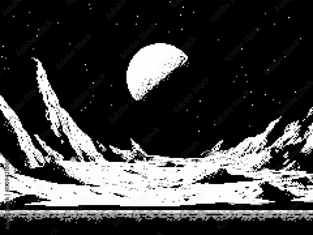 Poster Pixel art space game level background, 8 bit retro style video game. Black and white. Monochrome planet surface with rocks. Starry sky. Vector illustration