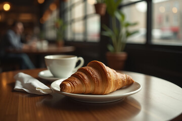 Сup of coffee and croissant on a wooden table in a coffee shop.