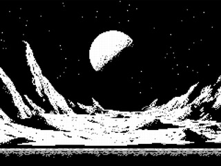 Pixel art space game level background, 8 bit retro style video game. Black and white. Monochrome planet surface with rocks. Starry sky. Vector illustration