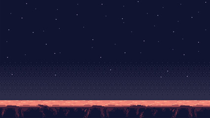 pixel art space game level background, 8 bit retro style video game. Planet surface. Starry sky. Vector illustration © hiten666