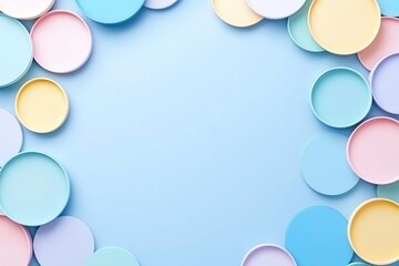 Colorful, circular shapes arranged creatively on a soft blue background