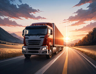 A large massive truck travels on the road at sunset.