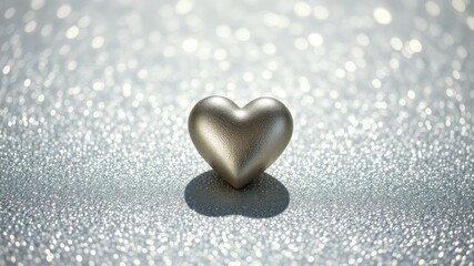 A shimmering silver heart rests upon a bed of glittering sparkles, a subtle reminder of love's enduring beauty.