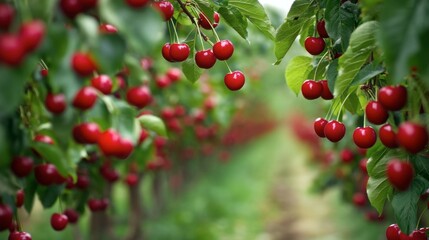 Obraz premium Vibrant Red Cherries Hanging on Lush Green Cherry Tree Branches