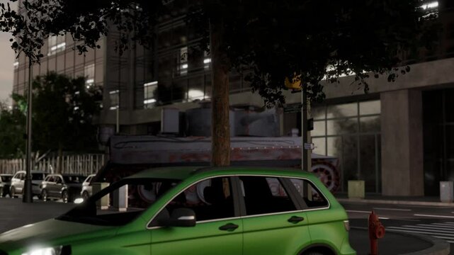 A vintage pickup truck is parked peacefully and tank in a bustling urban environment during lively nightlife and war.