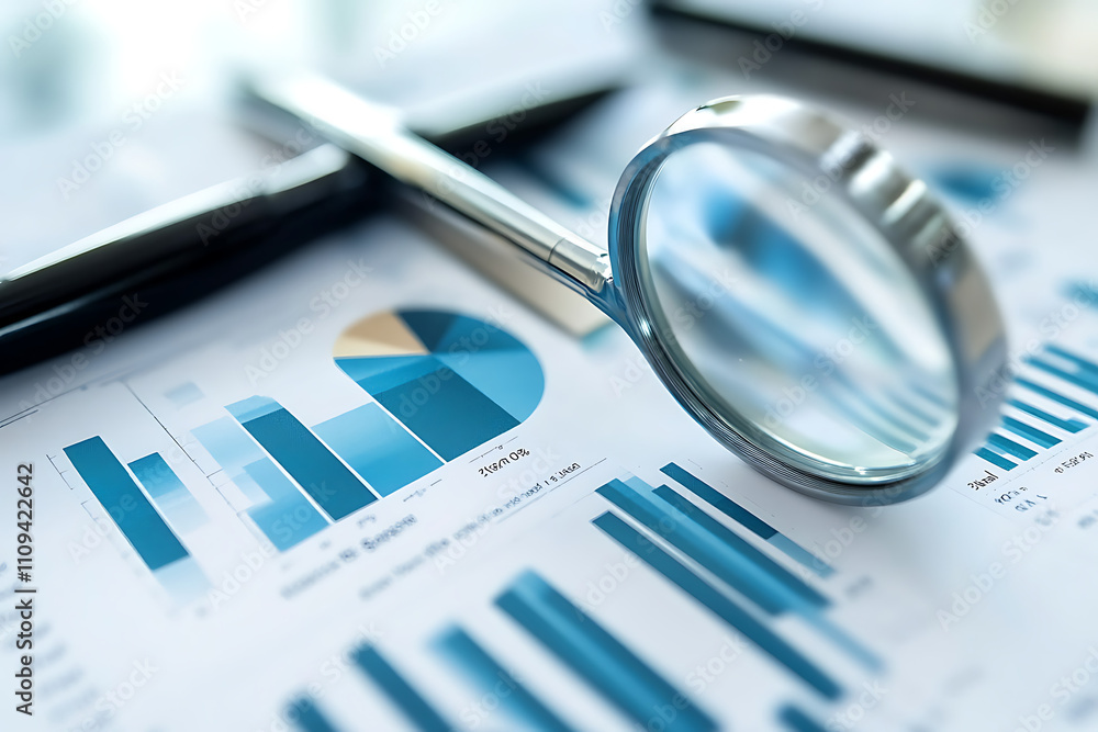Poster a magnifying glass on business graphs and charts, indicating analysis and data evaluation.