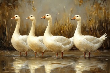 Obraz premium Four white geese standing in shallow water with a natural background.