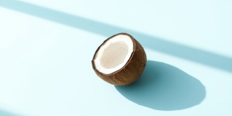 A halved coconut shell with a white interior on a light blue background with shadows cast by an overhead light source.
