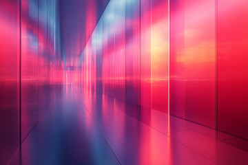 Modern interior corridor featuring glassmorphism design with vibrant pink and blue hues