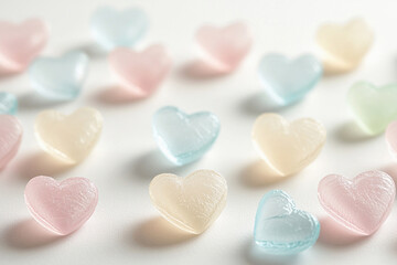 Fototapeta premium Pastel colored heart shaped candies scattered on white background