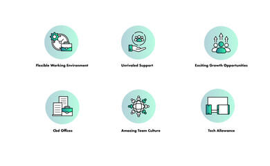 Flexible Work, Great Support, Growth Opportunities: Company Culture Icons. Company Benefits Icons. Vector Editable Stroke and Colors.