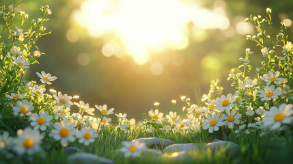 Obraz premium Rustic spring meadow frame with tall grass, wildflowers, and golden sunlight, background with copy space